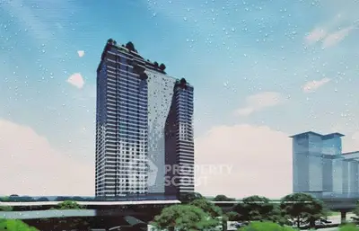 Stunning high-rise building with modern architecture and lush greenery on the rooftop.