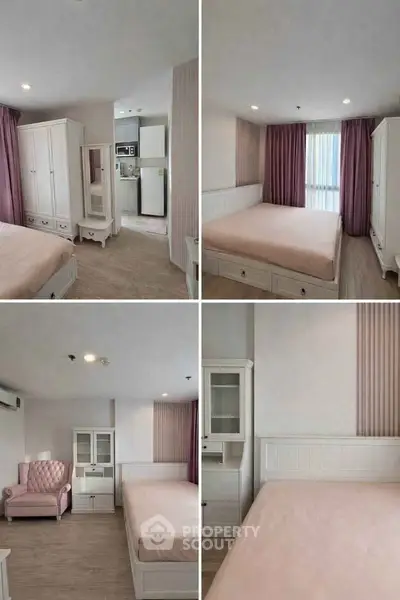 Spacious bedroom with elegant decor and natural light, featuring a cozy bed and stylish furniture.