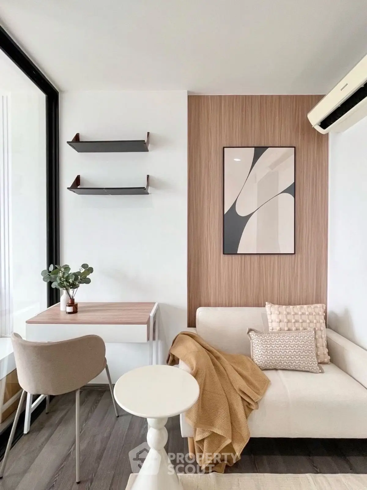 Modern living room with stylish decor and cozy seating area