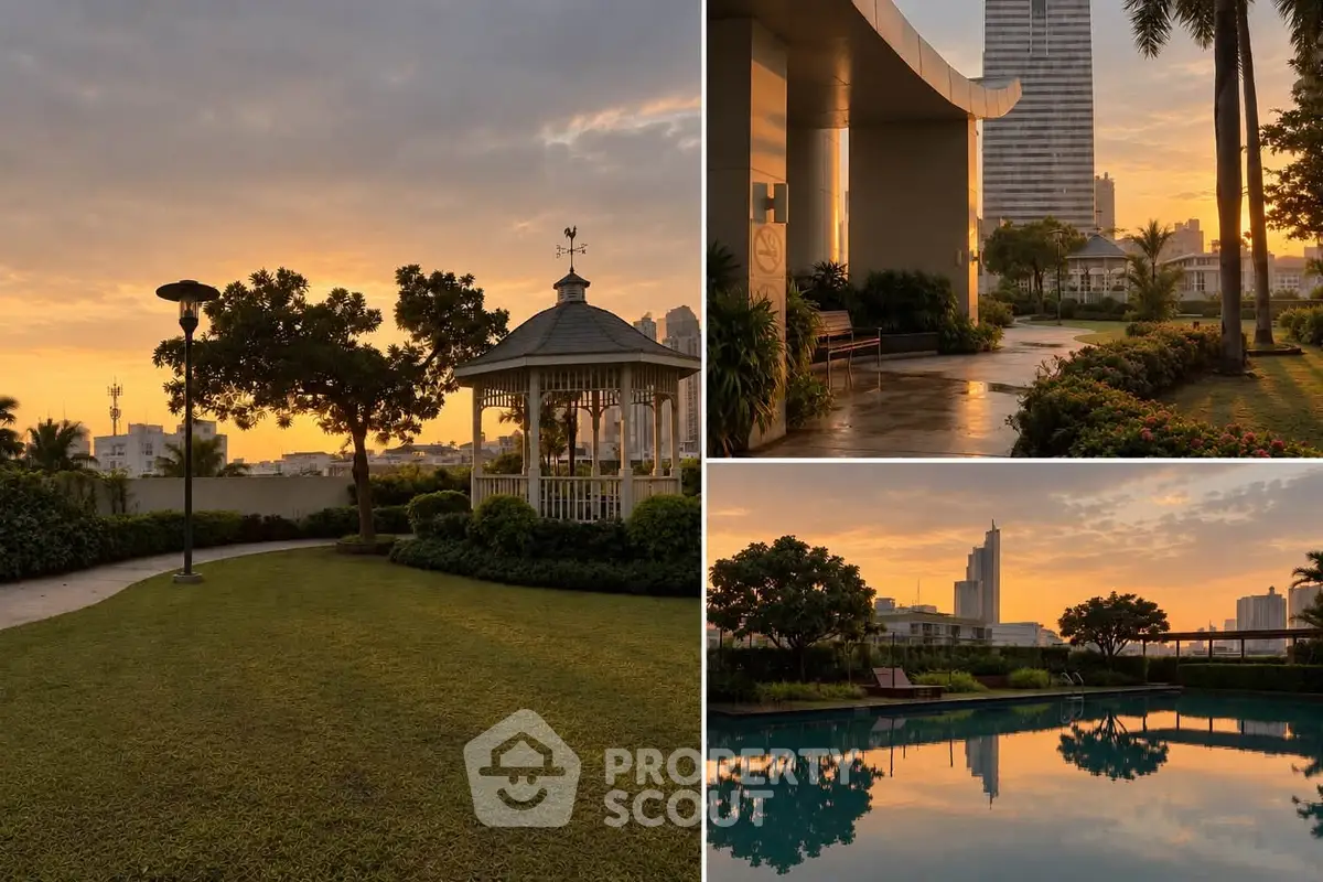 Luxurious rooftop garden with stunning sunset views and serene poolside ambiance.