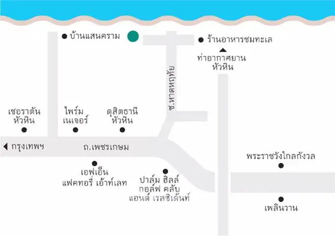 Map showing real estate locations near a waterfront area with key landmarks.