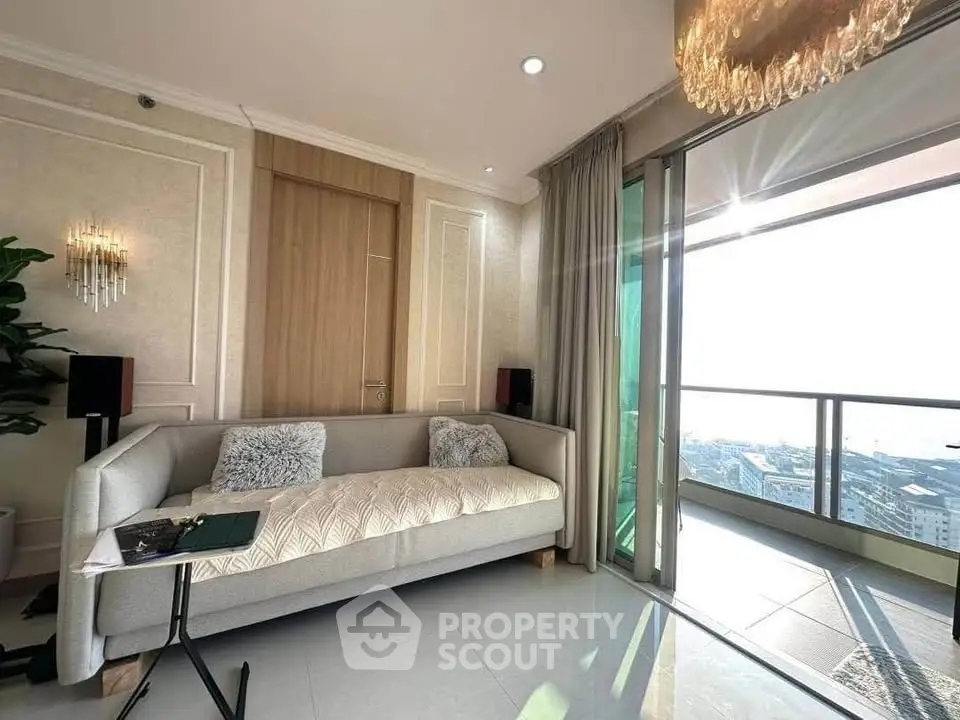 Luxurious living room with elegant decor and stunning balcony view