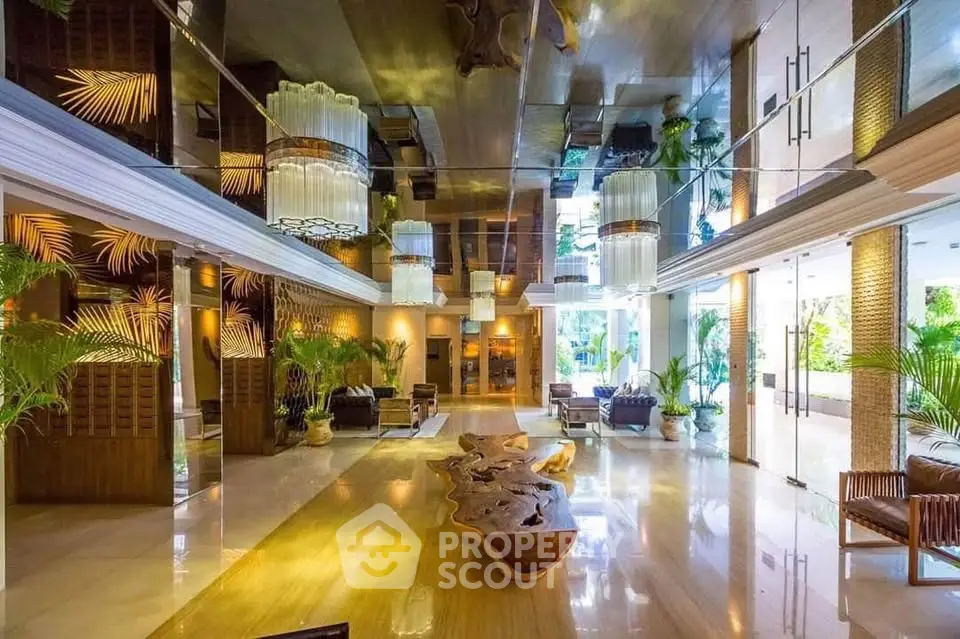 Luxurious hotel lobby with elegant decor and modern lighting