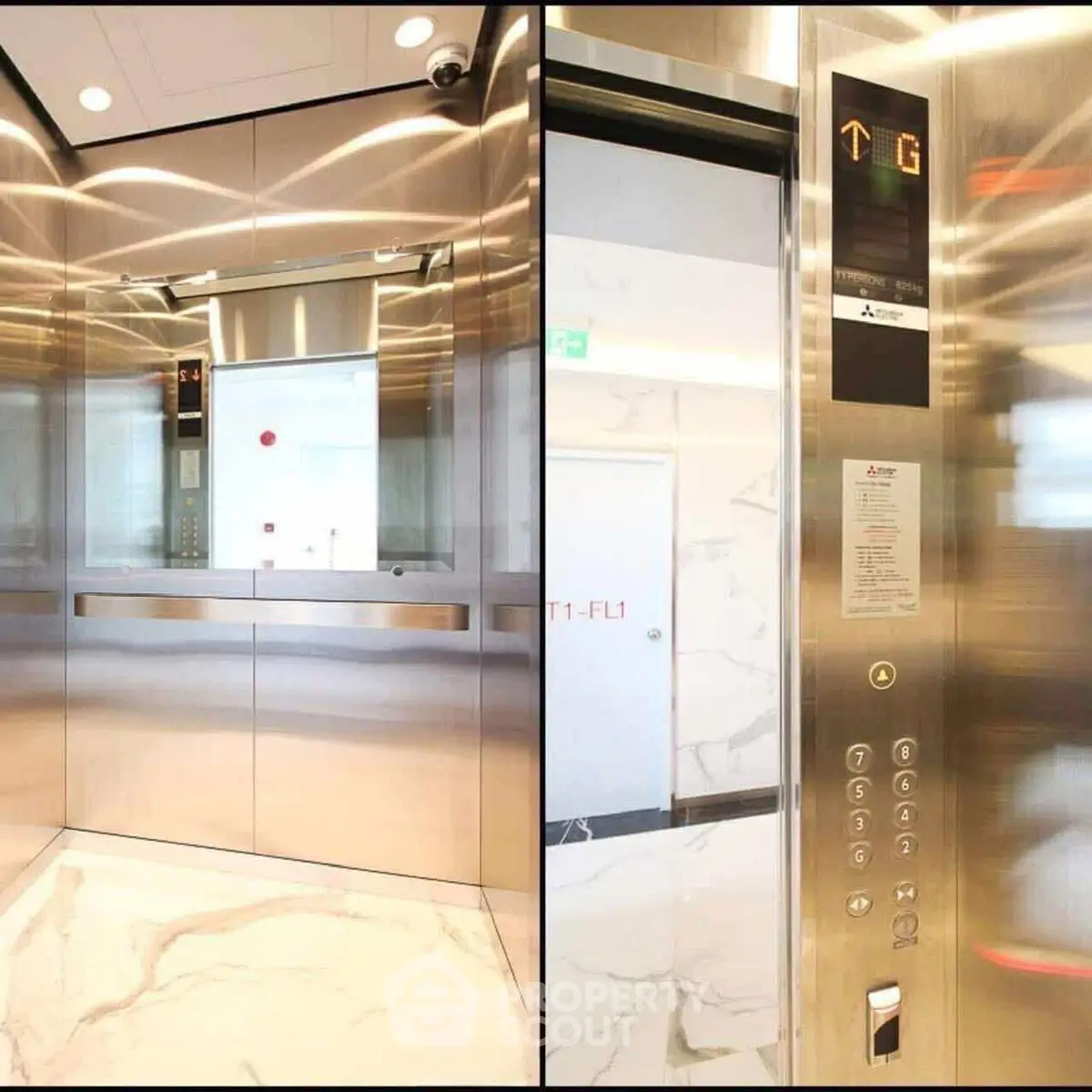Modern elevator interior with sleek design and marble flooring
