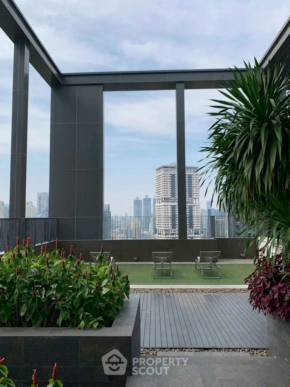 Stunning rooftop garden with city skyline view and modern design.