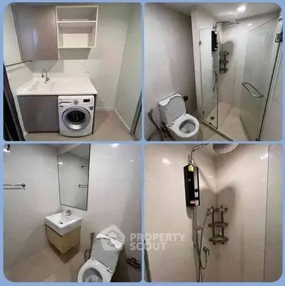 Compact modern bathroom with washing machine and shower in sleek design.