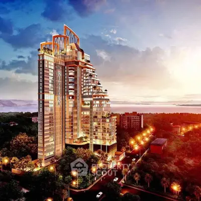 Stunning architectural design of a modern high-rise building at sunset with scenic views.