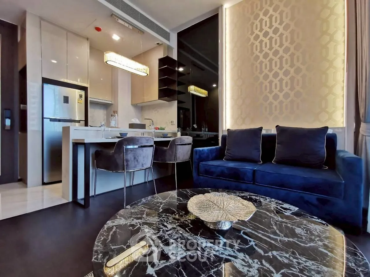 Luxurious modern living room with elegant decor and open kitchen layout