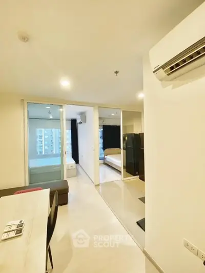 Modern apartment interior with open layout and bright lighting