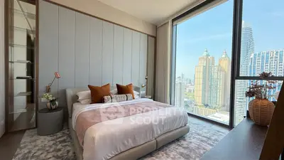 Luxurious bedroom with stunning city view and modern decor