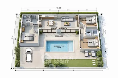 Modern house floor plan with pool, terrace, and three bedrooms.