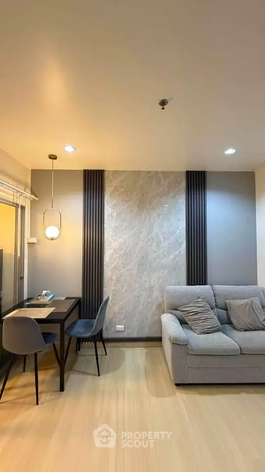 Modern living room with stylish decor and cozy seating area