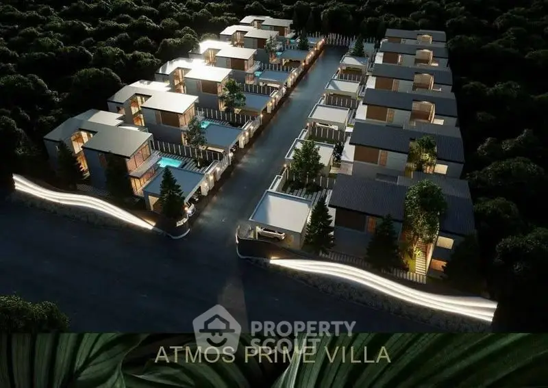 Luxurious Atmos Prime Villa complex surrounded by lush greenery, showcasing modern architecture and serene ambiance.