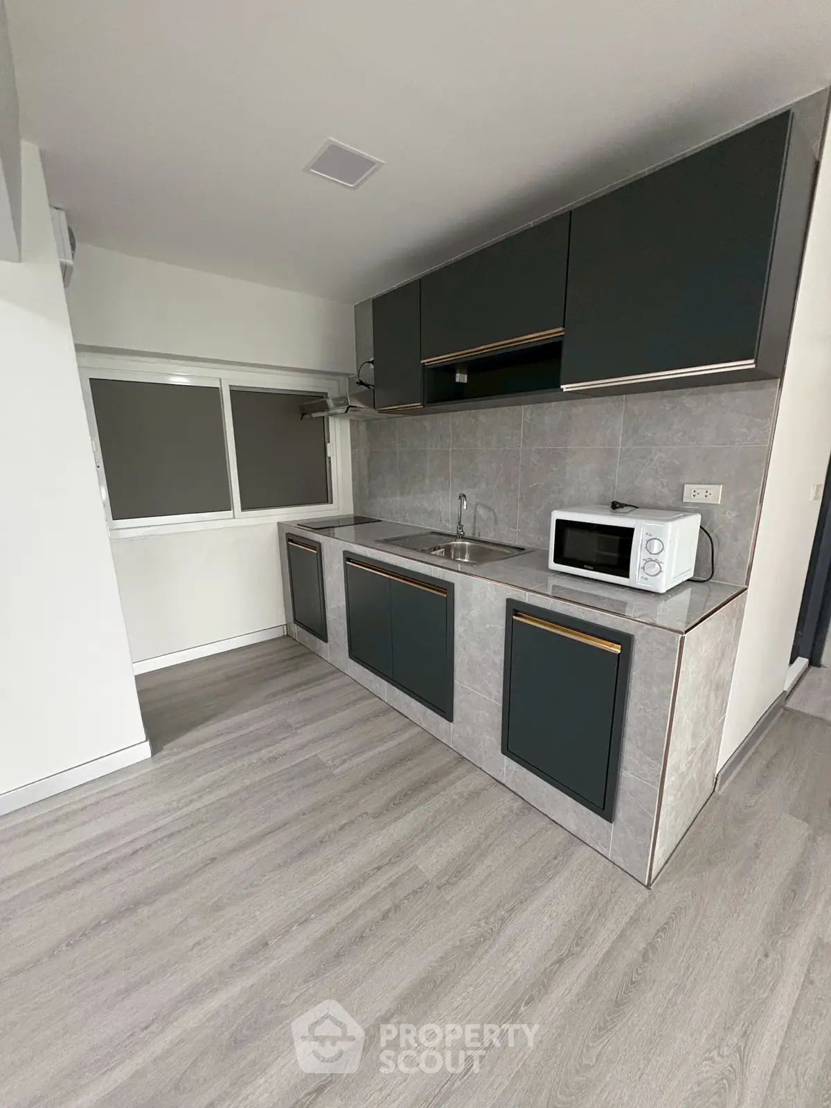 Modern kitchen with sleek cabinetry and microwave in stylish apartment