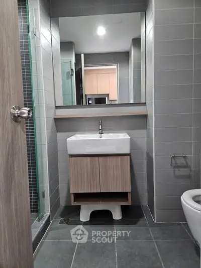 Modern bathroom with sleek sink and large mirror in stylish apartment.