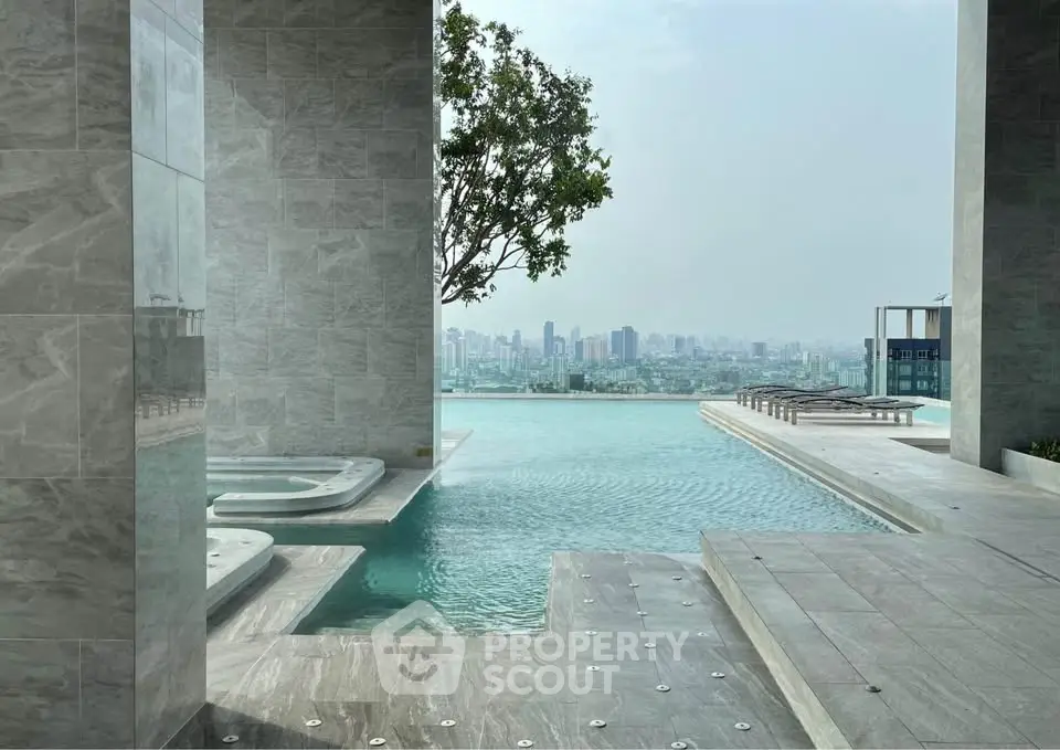 Luxurious rooftop infinity pool with stunning city skyline view, perfect for relaxation and leisure.