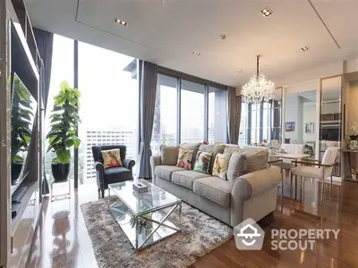 Luxurious high-rise living room with polished hardwood floors, elegant chandelier, and floor-to-ceiling windows offering a panoramic city view.