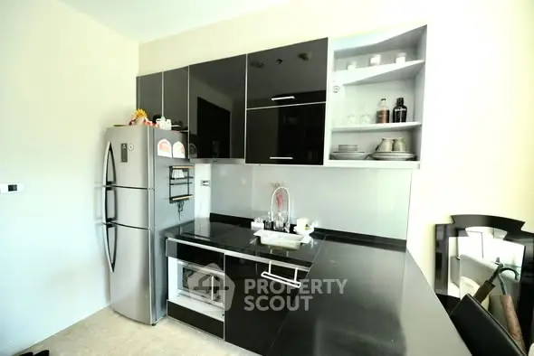Modern kitchen with sleek black cabinets and stainless steel appliances