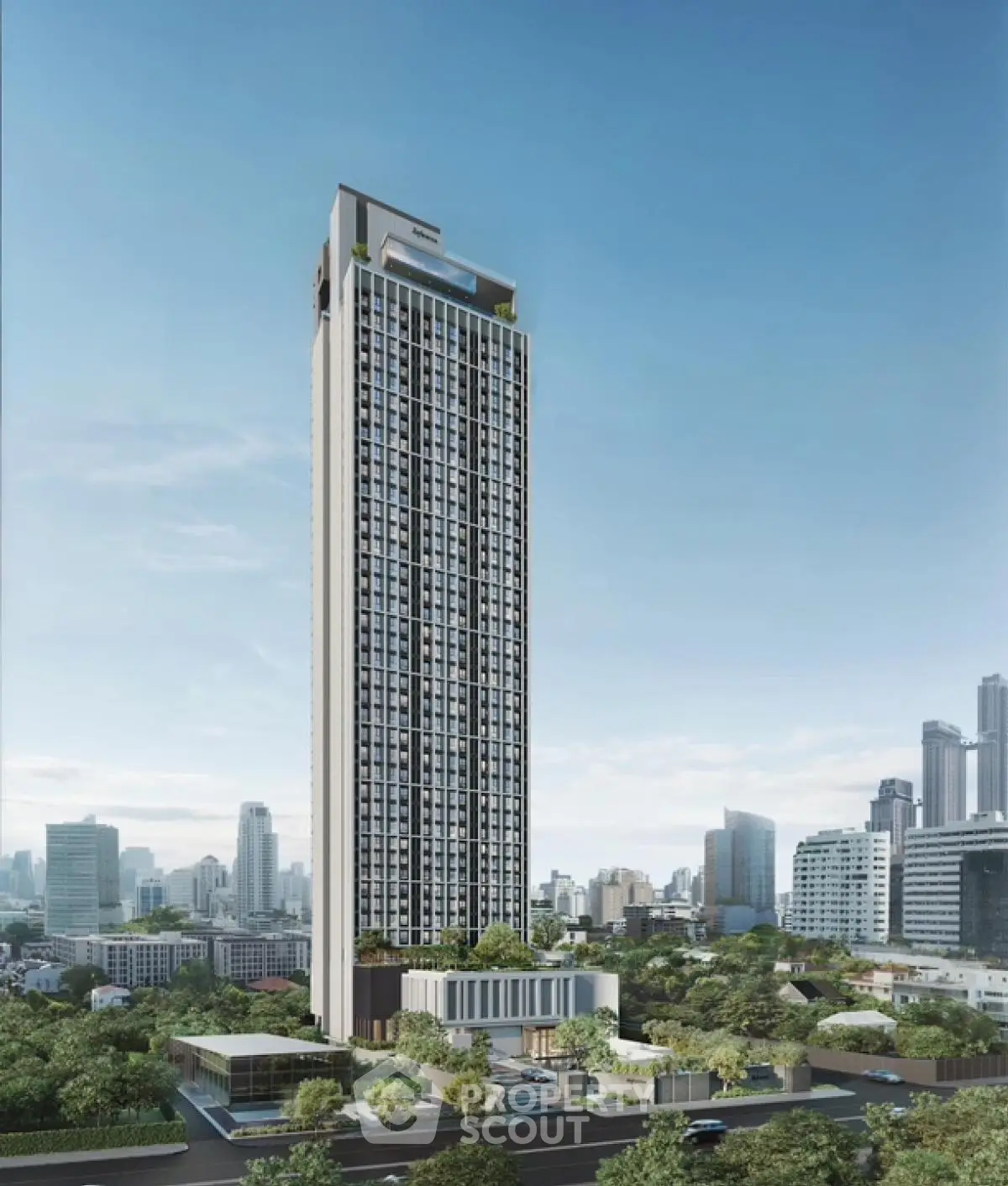 Stunning high-rise building with panoramic city views and lush greenery in urban setting.