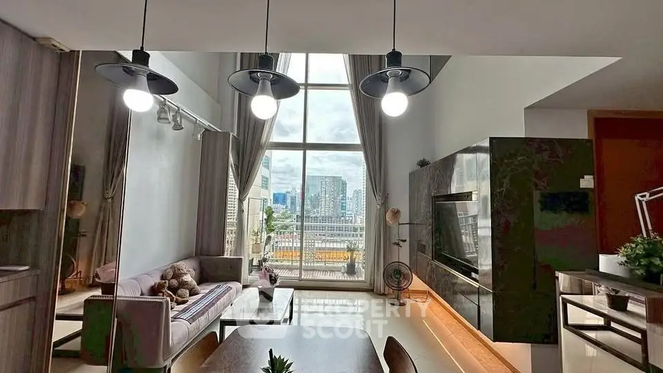 Spacious modern living room with high ceilings and city view