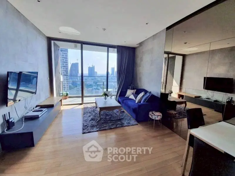 Modern living room with city view and stylish decor