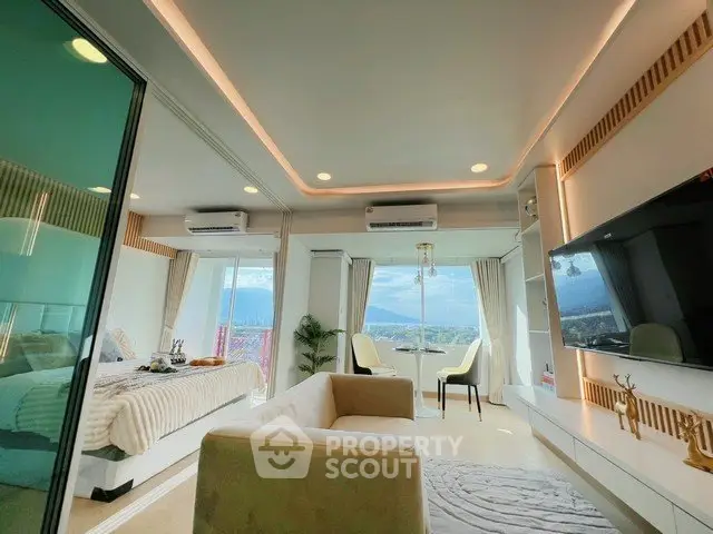 Luxurious modern living room with stunning view and elegant decor