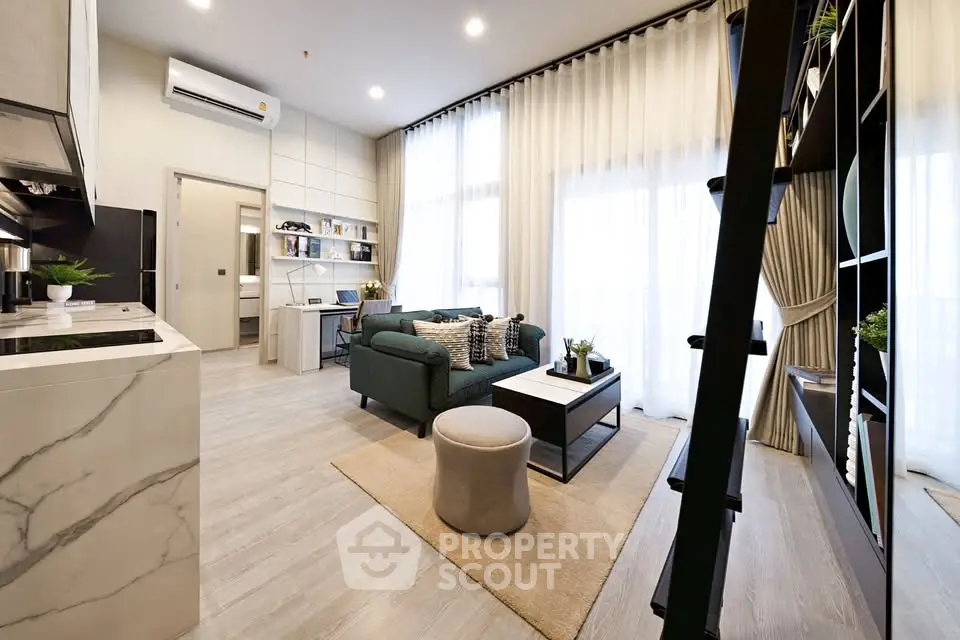 Modern living room with high ceilings, elegant decor, and natural light in a stylish apartment.