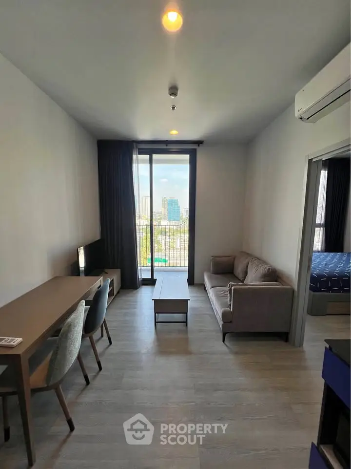 Modern living room with balcony view in a stylish apartment