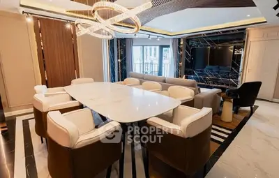 Luxurious modern living room with elegant dining area and stylish lighting