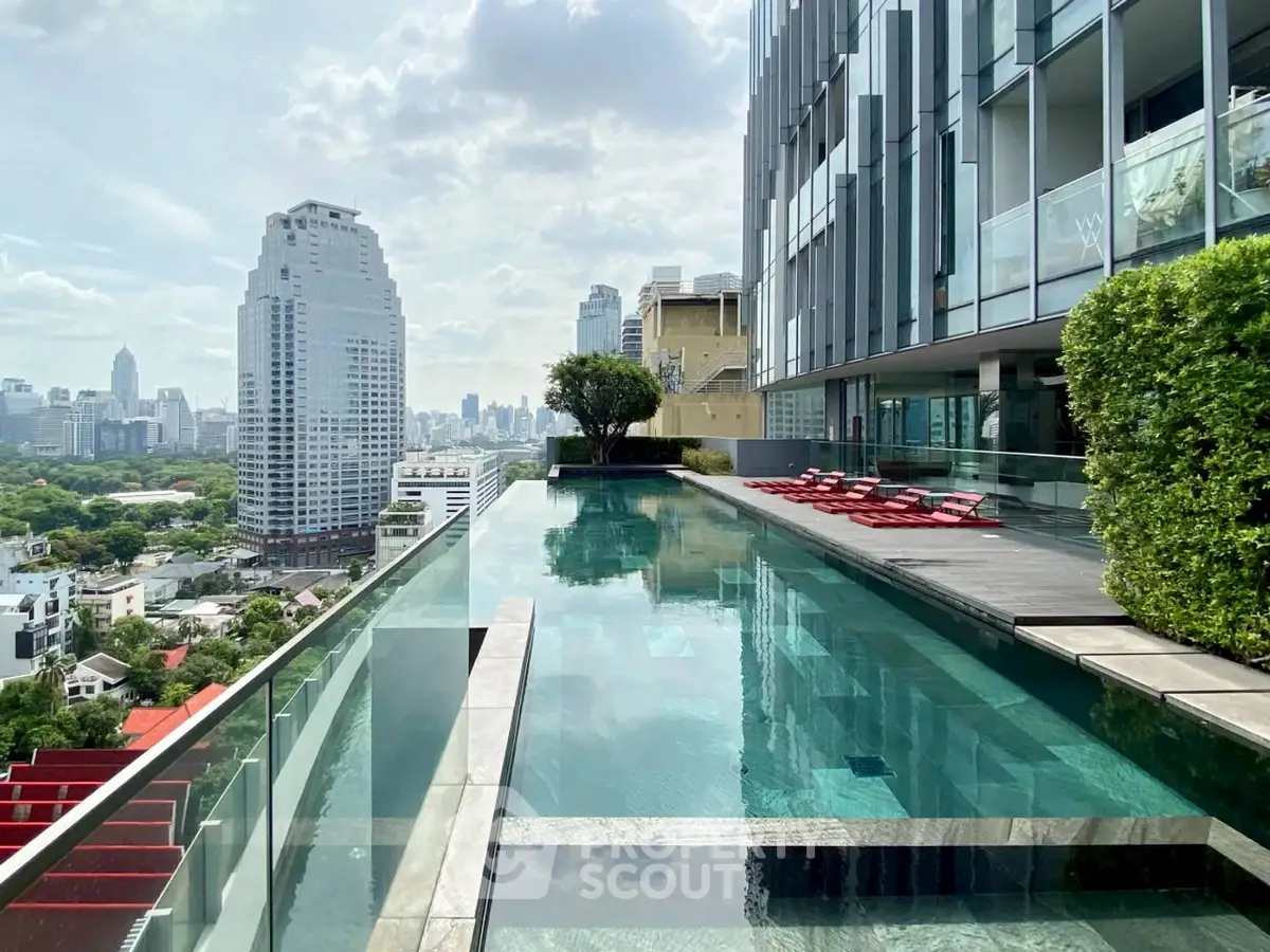 Luxurious rooftop pool with stunning city skyline views in modern high-rise building.
