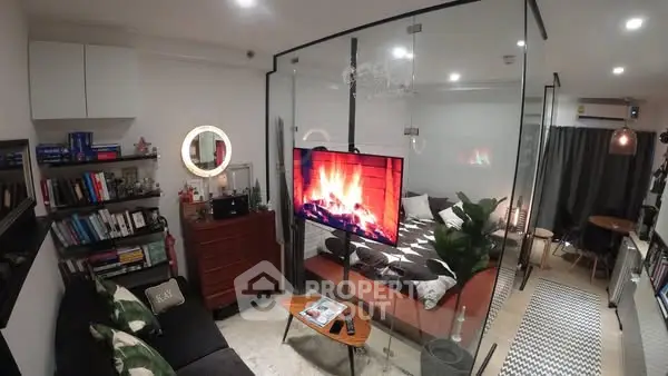 Modern living room with glass partition and cozy fireplace ambiance