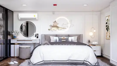Luxurious modern bedroom with elegant decor and stylish lighting