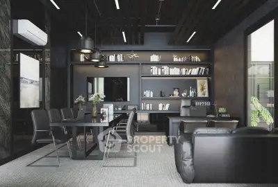 Luxurious modern living room with sleek black furniture and elegant decor