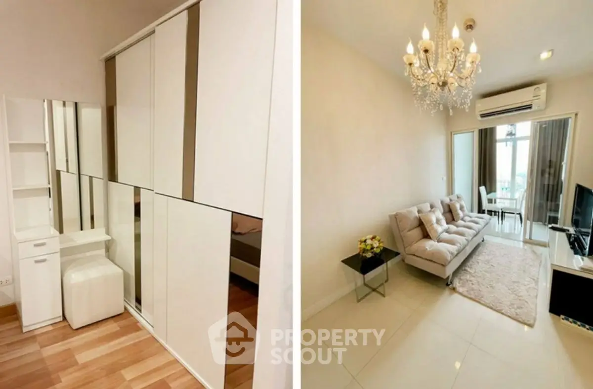 Elegant living room with chandelier and cozy bedroom with modern wardrobe