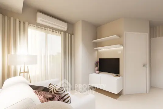 Modern living room with natural light, stylish decor, and air conditioning unit.