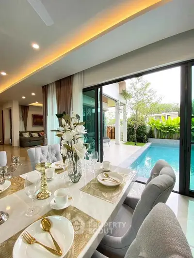 Luxurious dining area with pool view in modern home