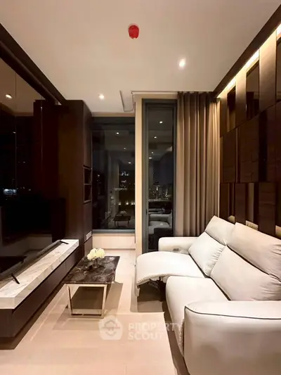 Luxurious modern living room with city view, elegant sofa, and stylish decor.