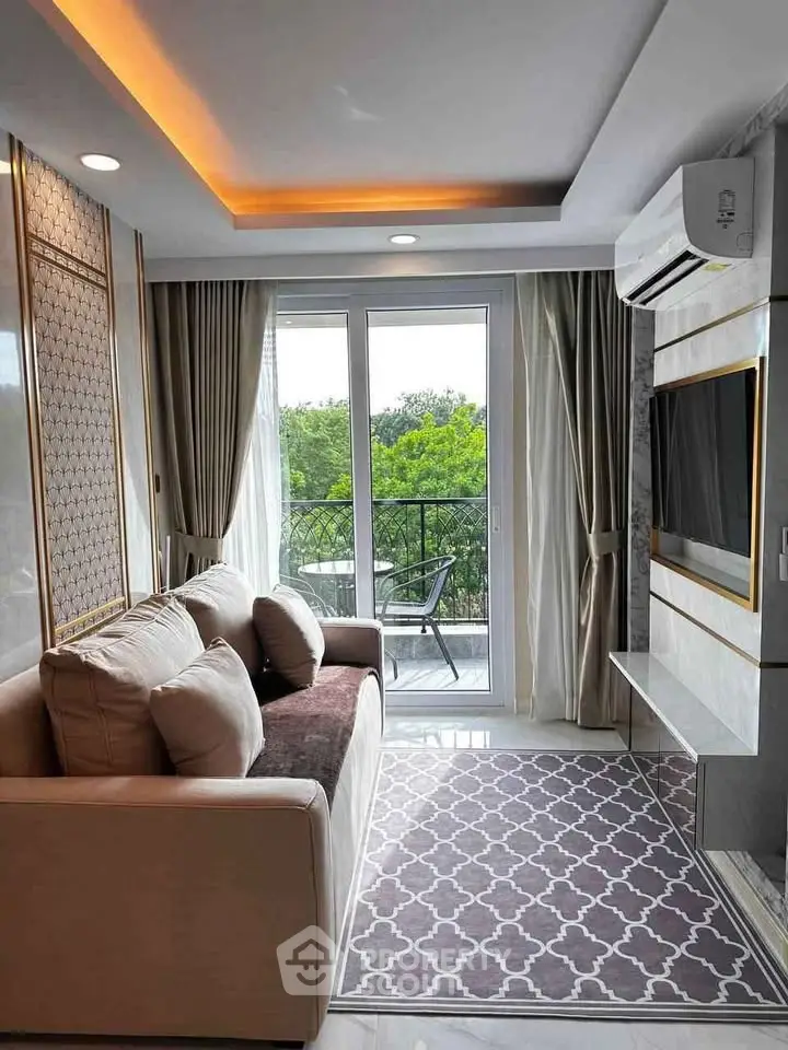 Chic living room with balcony view, modern decor, and cozy seating in a stylish apartment.