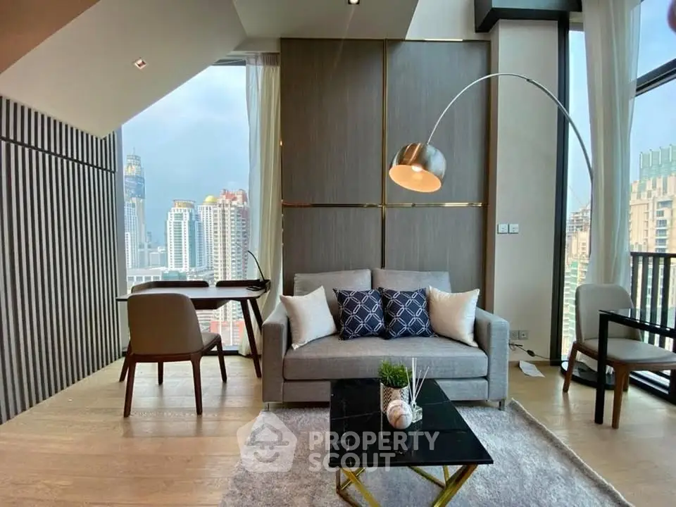 Luxurious living room with stunning city view, modern furniture, and elegant decor in a high-rise apartment.