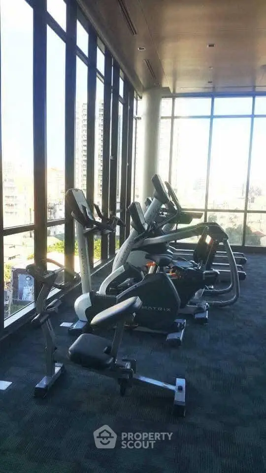 Modern gym with city view featuring state-of-the-art exercise equipment.