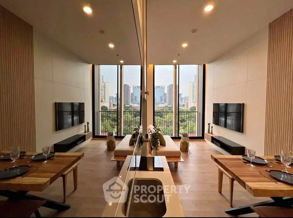 Luxurious modern living room with stunning city view and elegant decor
