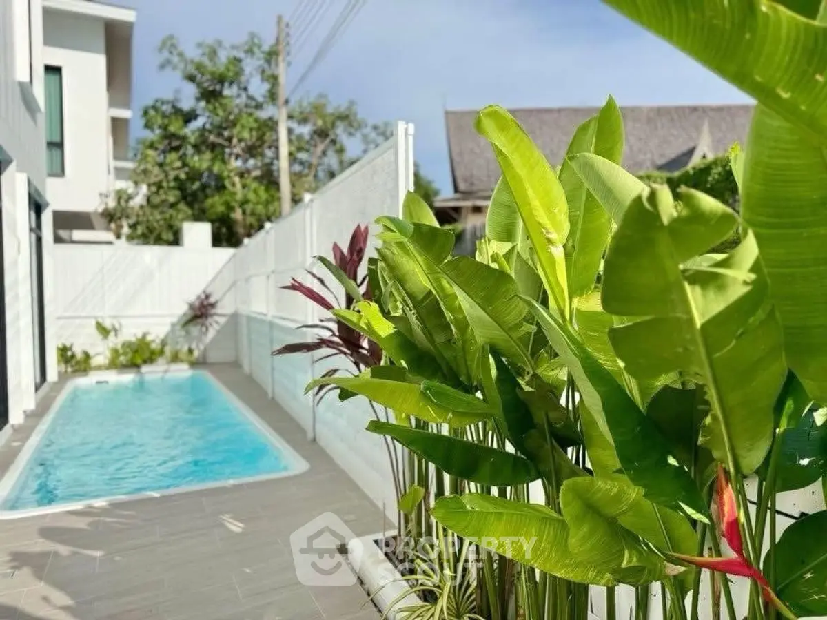 Charming private pool with lush greenery in modern residential setting.