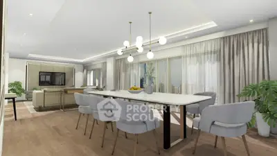 Spacious modern dining and living area with elegant lighting and large windows.