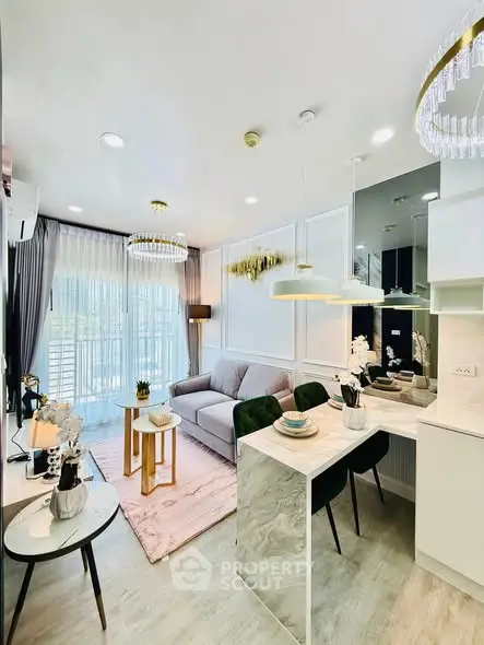 Modern living room with elegant decor and open kitchen layout