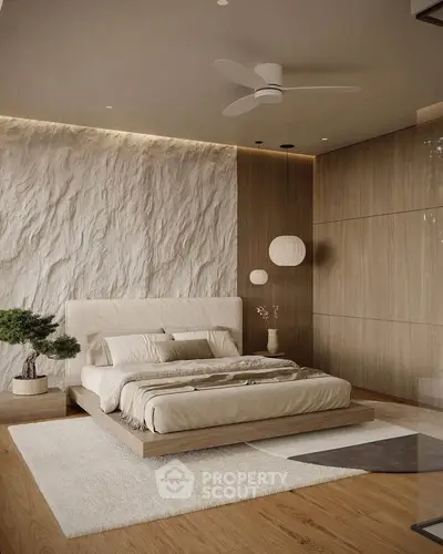 Luxurious modern bedroom with textured wall and elegant lighting