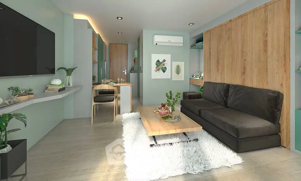 Modern living room with sleek design, featuring a cozy sofa, stylish decor, and open layout for ultimate comfort.