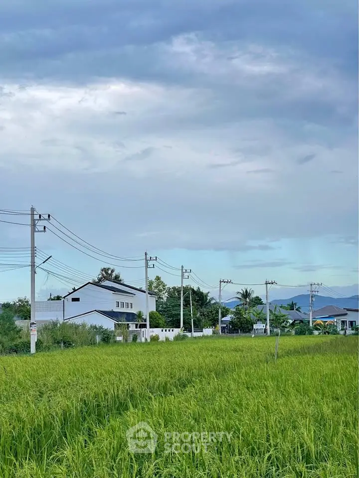 Scenic view of countryside homes with lush green fields and clear sky.