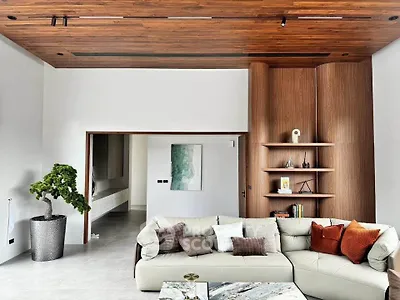 Luxurious modern living room with stylish wooden ceiling and elegant decor