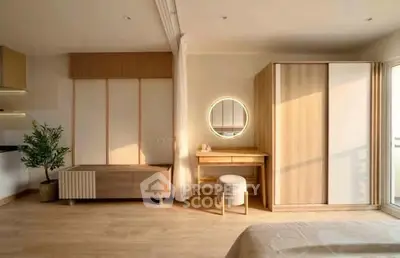 Modern bedroom with stylish wooden furniture and natural light