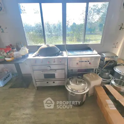 Spacious kitchen with large windows and modern appliances, offering a serene view of nature.